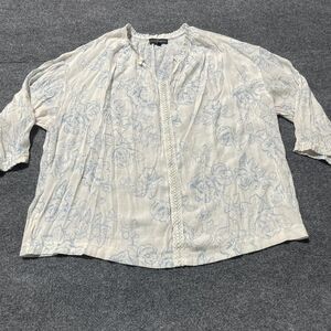 Fred David Shirt Womens 2X White Blue Floral Peasant Top Lace Trim 3/4 Sleeve